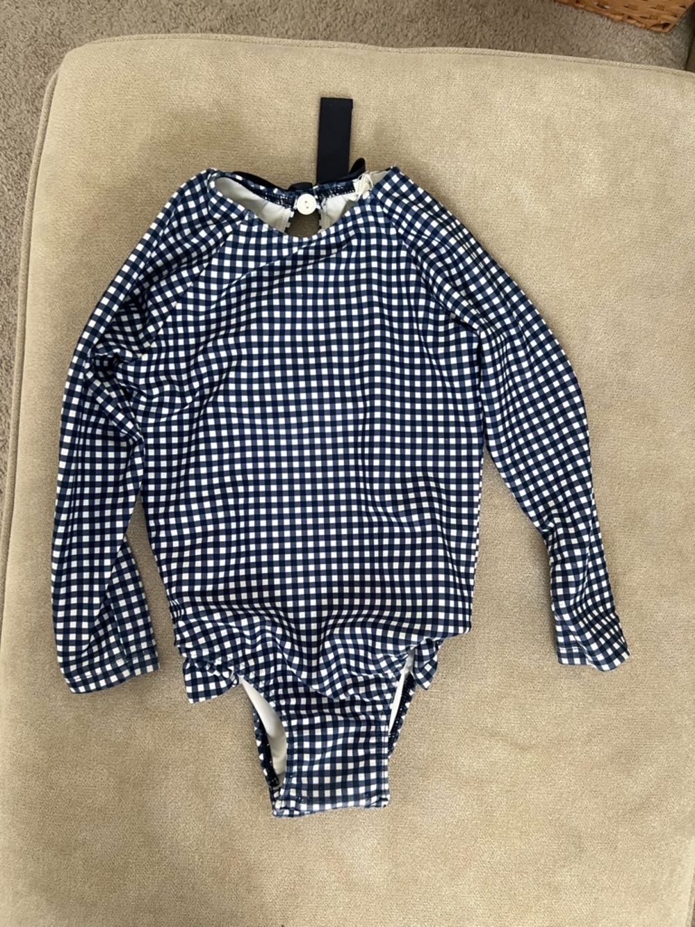 Navy Gingham Long-Sleeve Kids One-Piece Swimsuit